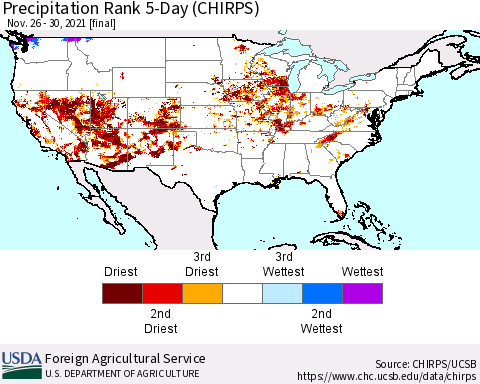 United States Precipitation Rank since 1981, 5-Day (CHIRPS) Thematic Map For 11/26/2021 - 11/30/2021