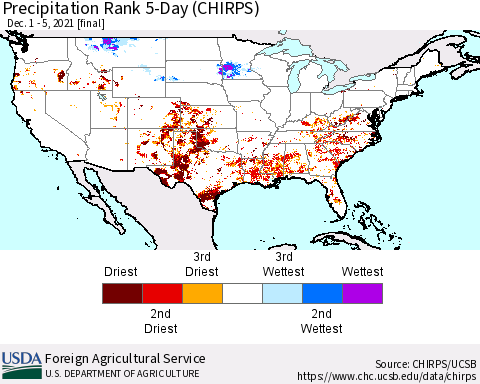 United States Precipitation Rank since 1981, 5-Day (CHIRPS) Thematic Map For 12/1/2021 - 12/5/2021