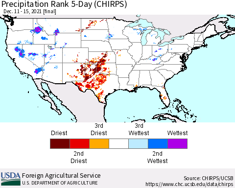 United States Precipitation Rank 5-Day (CHIRPS) Thematic Map For 12/11/2021 - 12/15/2021