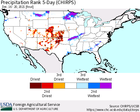 United States Precipitation Rank 5-Day (CHIRPS) Thematic Map For 12/16/2021 - 12/20/2021