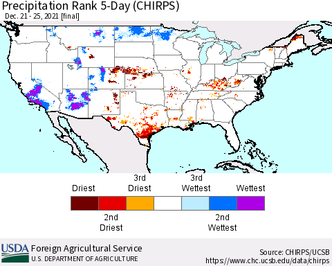United States Precipitation Rank since 1981, 5-Day (CHIRPS) Thematic Map For 12/21/2021 - 12/25/2021