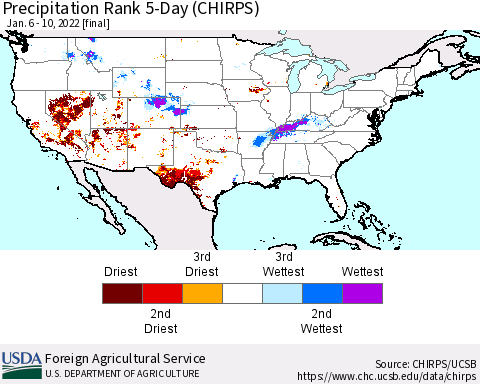 United States Precipitation Rank since 1981, 5-Day (CHIRPS) Thematic Map For 1/6/2022 - 1/10/2022