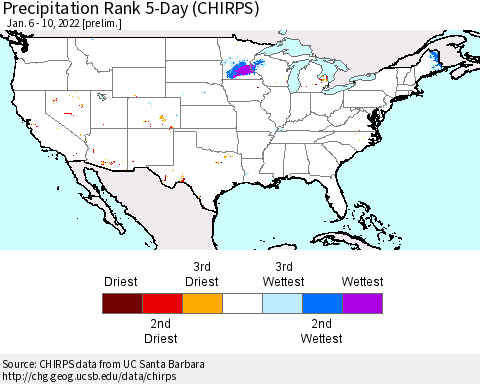 United States Precipitation Rank 5-Day (CHIRPS) Thematic Map For 1/6/2022 - 1/10/2022