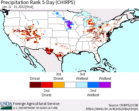 United States Precipitation Rank since 1981, 5-Day (CHIRPS) Thematic Map For 1/11/2022 - 1/15/2022