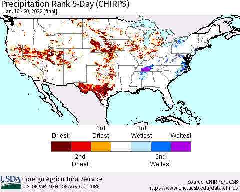 United States Precipitation Rank since 1981, 5-Day (CHIRPS) Thematic Map For 1/16/2022 - 1/20/2022