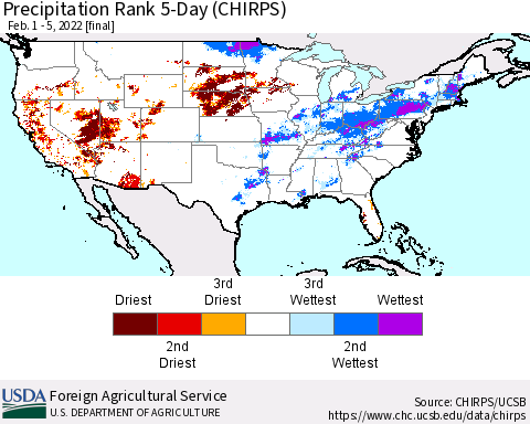 United States Precipitation Rank since 1981, 5-Day (CHIRPS) Thematic Map For 2/1/2022 - 2/5/2022