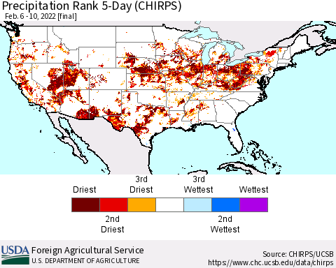 United States Precipitation Rank since 1981, 5-Day (CHIRPS) Thematic Map For 2/6/2022 - 2/10/2022