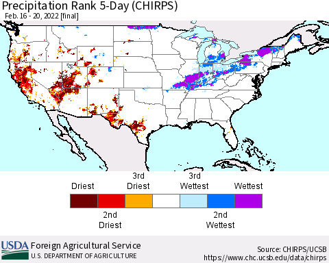 United States Precipitation Rank 5-Day (CHIRPS) Thematic Map For 2/16/2022 - 2/20/2022
