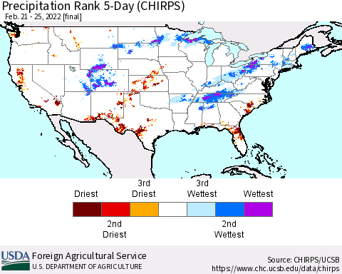 United States Precipitation Rank 5-Day (CHIRPS) Thematic Map For 2/21/2022 - 2/25/2022