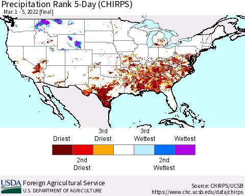United States Precipitation Rank 5-Day (CHIRPS) Thematic Map For 3/1/2022 - 3/5/2022