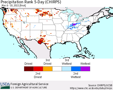 United States Precipitation Rank since 1981, 5-Day (CHIRPS) Thematic Map For 3/6/2022 - 3/10/2022