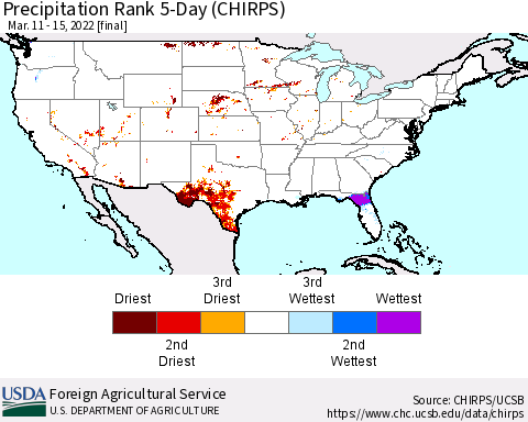 United States Precipitation Rank 5-Day (CHIRPS) Thematic Map For 3/11/2022 - 3/15/2022