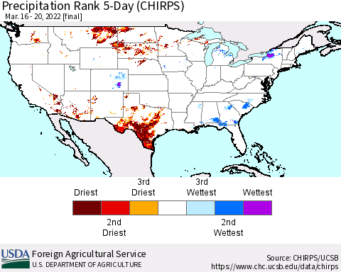 United States Precipitation Rank since 1981, 5-Day (CHIRPS) Thematic Map For 3/16/2022 - 3/20/2022
