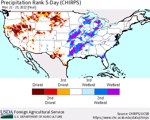 United States Precipitation Rank since 1981, 5-Day (CHIRPS) Thematic Map For 3/21/2022 - 3/25/2022