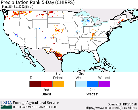 United States Precipitation Rank since 1981, 5-Day (CHIRPS) Thematic Map For 3/26/2022 - 3/31/2022