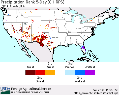 United States Precipitation Rank 5-Day (CHIRPS) Thematic Map For 4/1/2022 - 4/5/2022