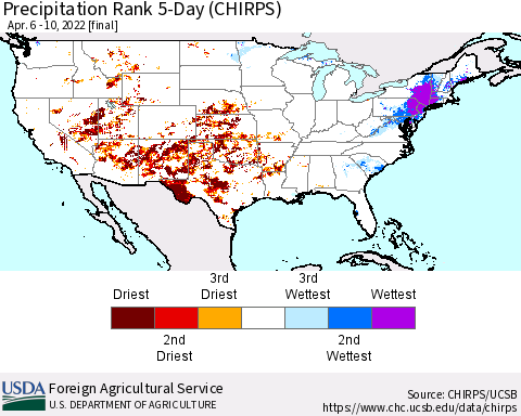 United States Precipitation Rank since 1981, 5-Day (CHIRPS) Thematic Map For 4/6/2022 - 4/10/2022