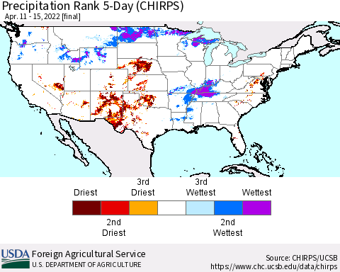 United States Precipitation Rank 5-Day (CHIRPS) Thematic Map For 4/11/2022 - 4/15/2022