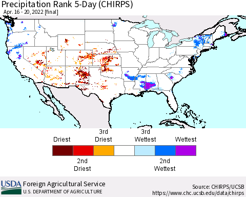United States Precipitation Rank 5-Day (CHIRPS) Thematic Map For 4/16/2022 - 4/20/2022