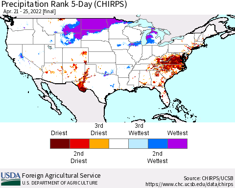 United States Precipitation Rank 5-Day (CHIRPS) Thematic Map For 4/21/2022 - 4/25/2022