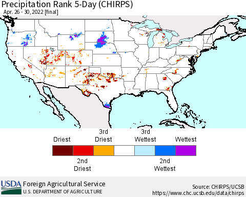 United States Precipitation Rank since 1981, 5-Day (CHIRPS) Thematic Map For 4/26/2022 - 4/30/2022