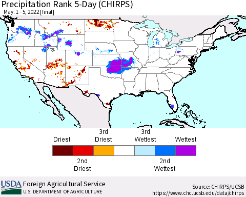 United States Precipitation Rank since 1981, 5-Day (CHIRPS) Thematic Map For 5/1/2022 - 5/5/2022