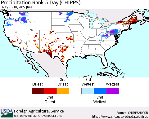 United States Precipitation Rank since 1981, 5-Day (CHIRPS) Thematic Map For 5/6/2022 - 5/10/2022