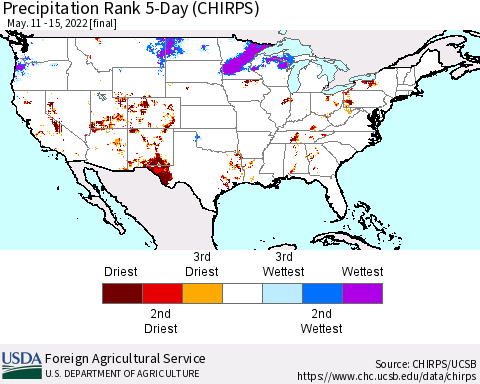 United States Precipitation Rank since 1981, 5-Day (CHIRPS) Thematic Map For 5/11/2022 - 5/15/2022