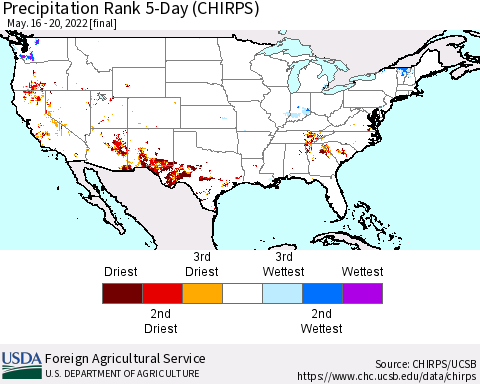 United States Precipitation Rank since 1981, 5-Day (CHIRPS) Thematic Map For 5/16/2022 - 5/20/2022