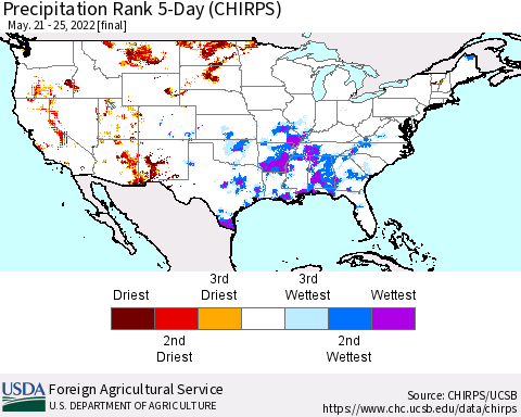 United States Precipitation Rank since 1981, 5-Day (CHIRPS) Thematic Map For 5/21/2022 - 5/25/2022