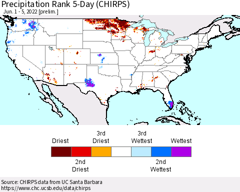 United States Precipitation Rank 5-Day (CHIRPS) Thematic Map For 6/1/2022 - 6/5/2022