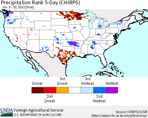 United States Precipitation Rank 5-Day (CHIRPS) Thematic Map For 6/6/2022 - 6/10/2022