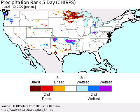 United States Precipitation Rank 5-Day (CHIRPS) Thematic Map For 6/6/2022 - 6/10/2022
