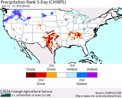 United States Precipitation Rank 5-Day (CHIRPS) Thematic Map For 6/11/2022 - 6/15/2022