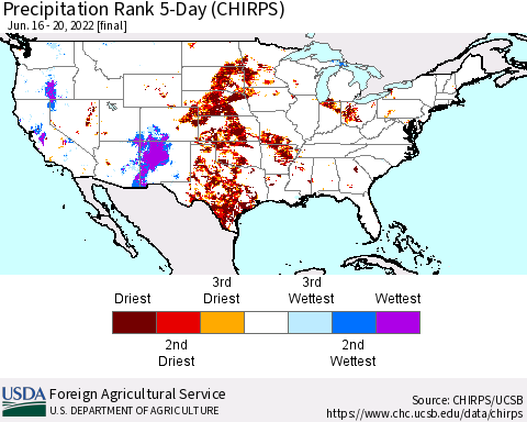 United States Precipitation Rank 5-Day (CHIRPS) Thematic Map For 6/16/2022 - 6/20/2022