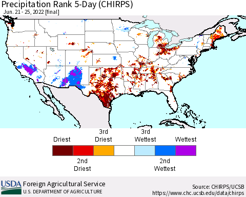 United States Precipitation Rank since 1981, 5-Day (CHIRPS) Thematic Map For 6/21/2022 - 6/25/2022