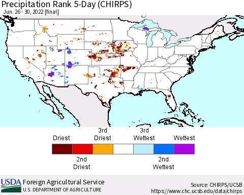United States Precipitation Rank 5-Day (CHIRPS) Thematic Map For 6/26/2022 - 6/30/2022