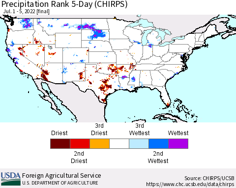 United States Precipitation Rank 5-Day (CHIRPS) Thematic Map For 7/1/2022 - 7/5/2022