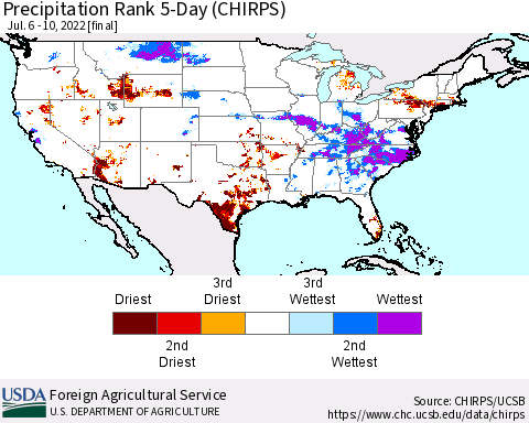 United States Precipitation Rank since 1981, 5-Day (CHIRPS) Thematic Map For 7/6/2022 - 7/10/2022