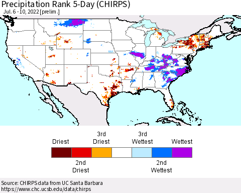 United States Precipitation Rank 5-Day (CHIRPS) Thematic Map For 7/6/2022 - 7/10/2022