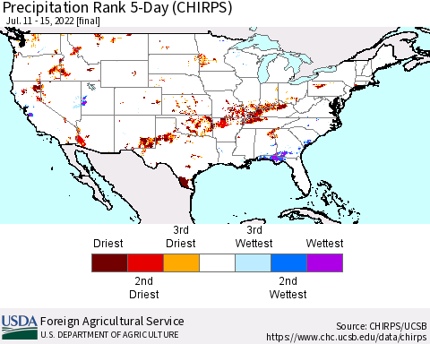 United States Precipitation Rank 5-Day (CHIRPS) Thematic Map For 7/11/2022 - 7/15/2022
