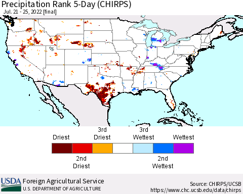 United States Precipitation Rank 5-Day (CHIRPS) Thematic Map For 7/21/2022 - 7/25/2022