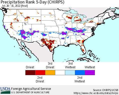 United States Precipitation Rank 5-Day (CHIRPS) Thematic Map For 7/26/2022 - 7/31/2022