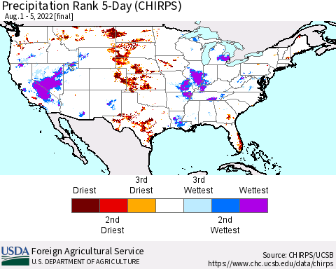 United States Precipitation Rank since 1981, 5-Day (CHIRPS) Thematic Map For 8/1/2022 - 8/5/2022