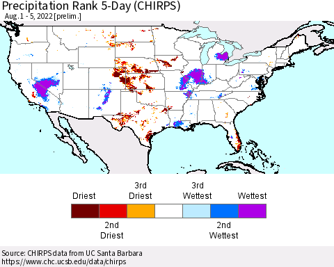 United States Precipitation Rank 5-Day (CHIRPS) Thematic Map For 8/1/2022 - 8/5/2022