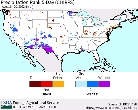 United States Precipitation Rank since 1981, 5-Day (CHIRPS) Thematic Map For 8/16/2022 - 8/20/2022
