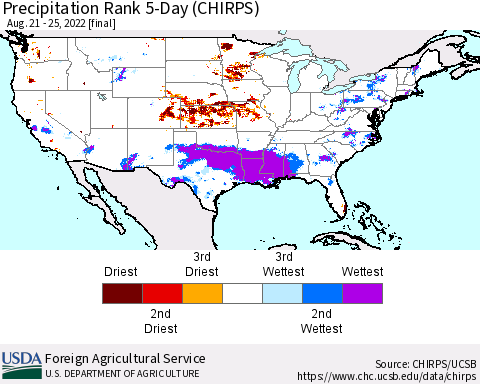 United States Precipitation Rank since 1981, 5-Day (CHIRPS) Thematic Map For 8/21/2022 - 8/25/2022