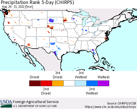United States Precipitation Rank since 1981, 5-Day (CHIRPS) Thematic Map For 8/26/2022 - 8/31/2022