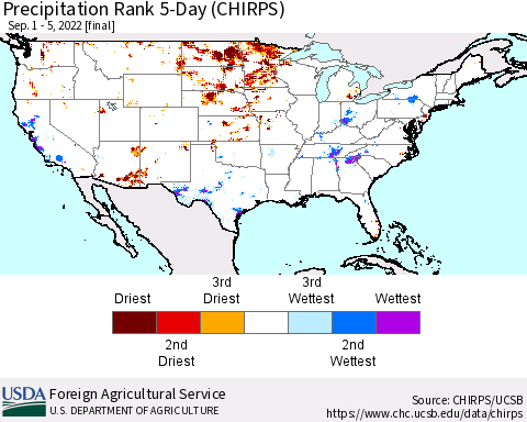 United States Precipitation Rank since 1981, 5-Day (CHIRPS) Thematic Map For 9/1/2022 - 9/5/2022