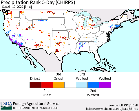 United States Precipitation Rank 5-Day (CHIRPS) Thematic Map For 9/6/2022 - 9/10/2022